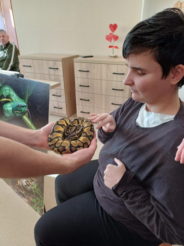 Podopieczna ŚDS głaszcze węża