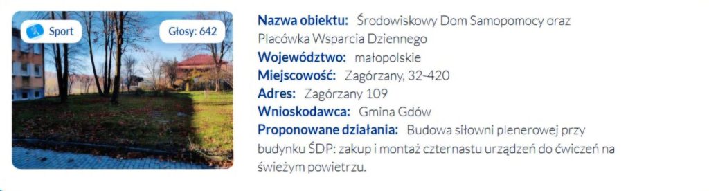 zrzut ekranu dotyczący projektu ŚDS zgłoszonego do kampanii społecznej Fundacji Lotto "Gdy grasz, wszystko gra"