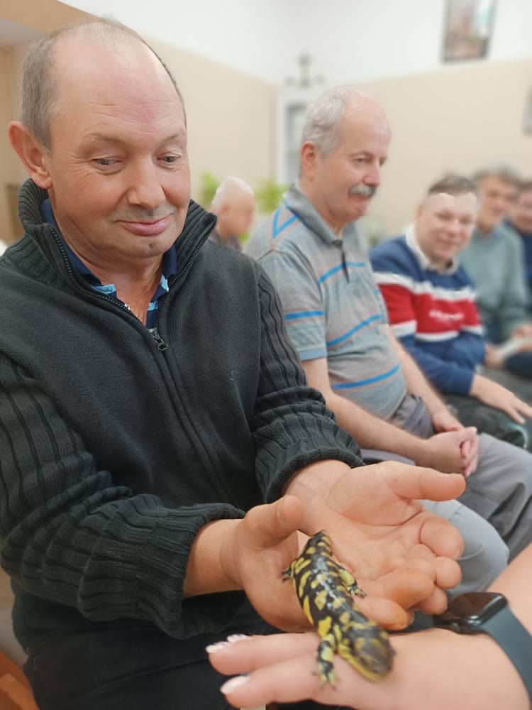 Podopieczny trzyma w rękach salamandrę