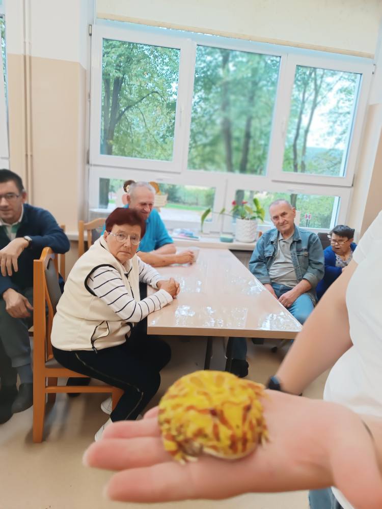 Podopieczni słuchają prelekcji o żabach