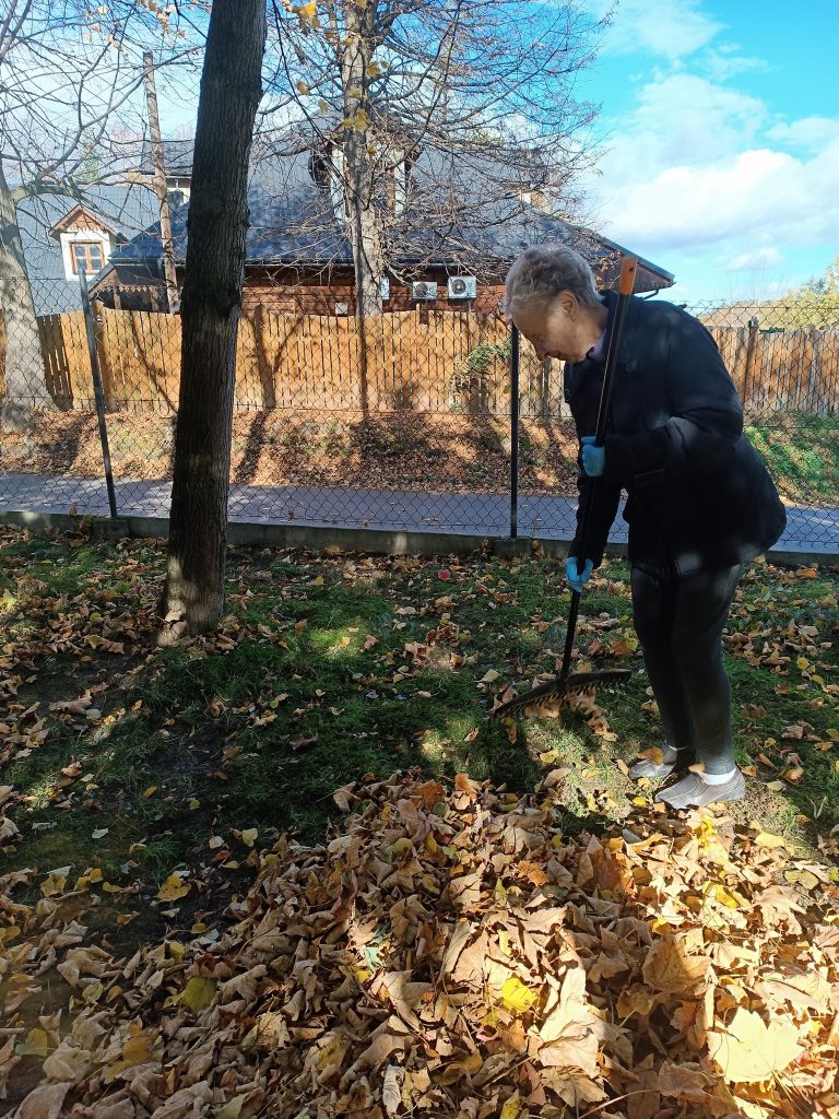 Podopieczna grabi liście
