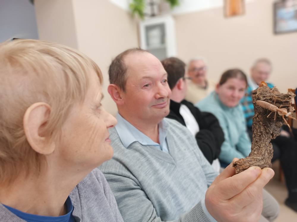 podopieczny trzyma owada na drewienku