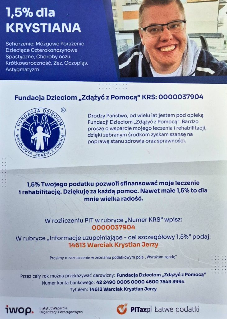 ulotka zachęcająca do przekazania 1,5% z podatku