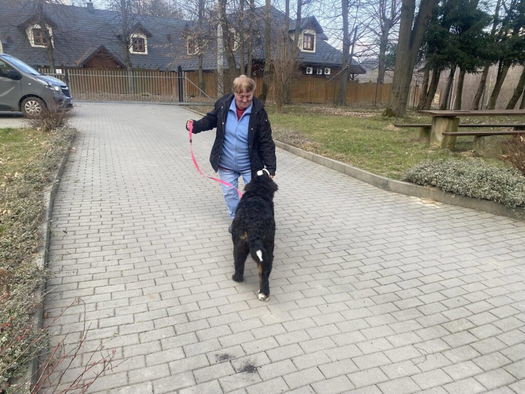 Podopieczna prowadzi psa na smyczy