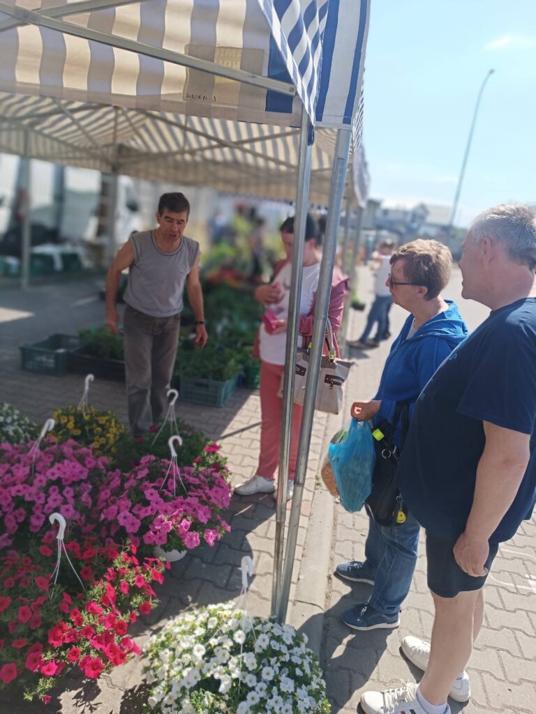 Podopieczna wybiera kwiaty doniczkowe podczas zakupów na jarmarku