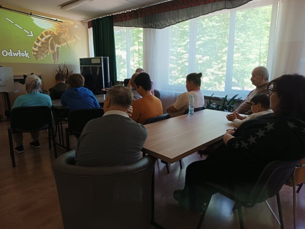 Podopieczni oglądają film edukacyjny o pszczołach